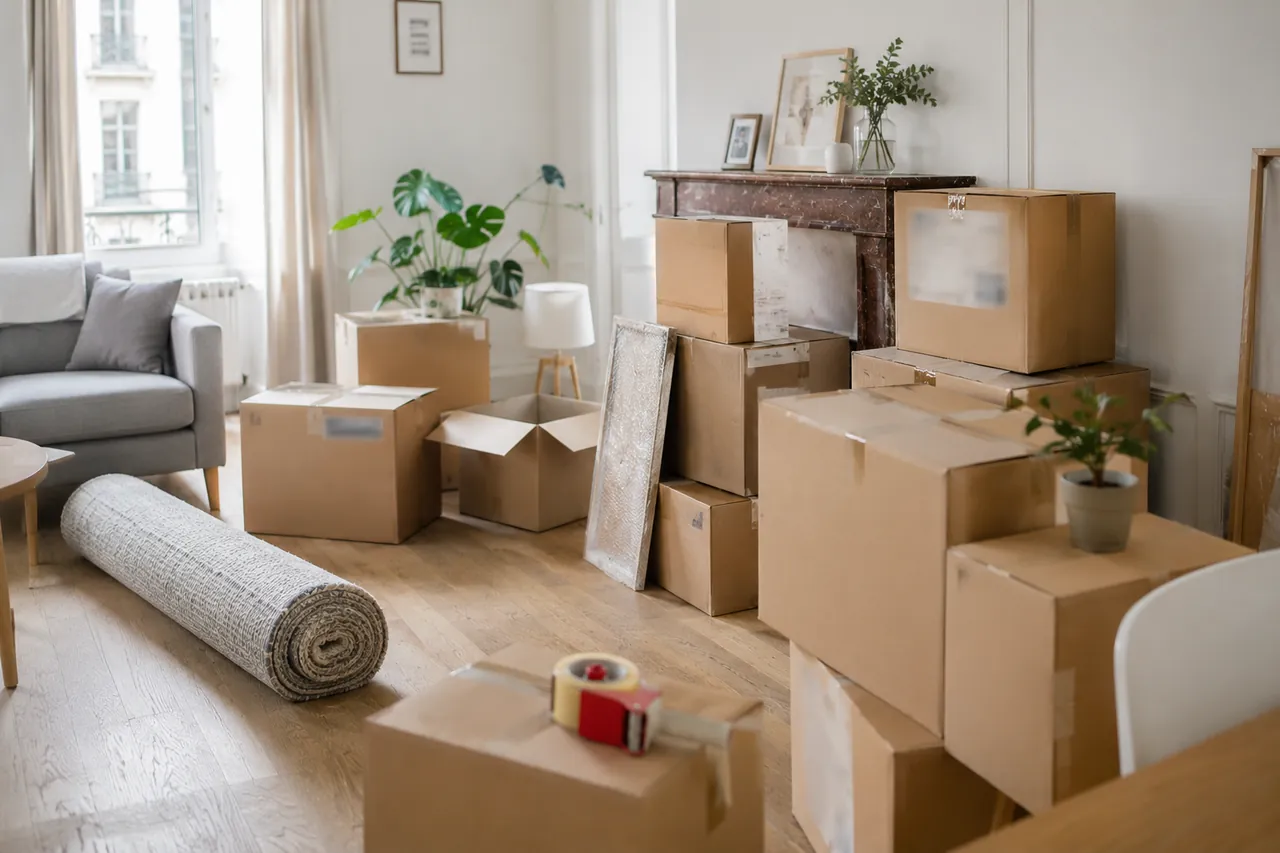 Cartons de déménagement bien organisés dans un salon lumineux