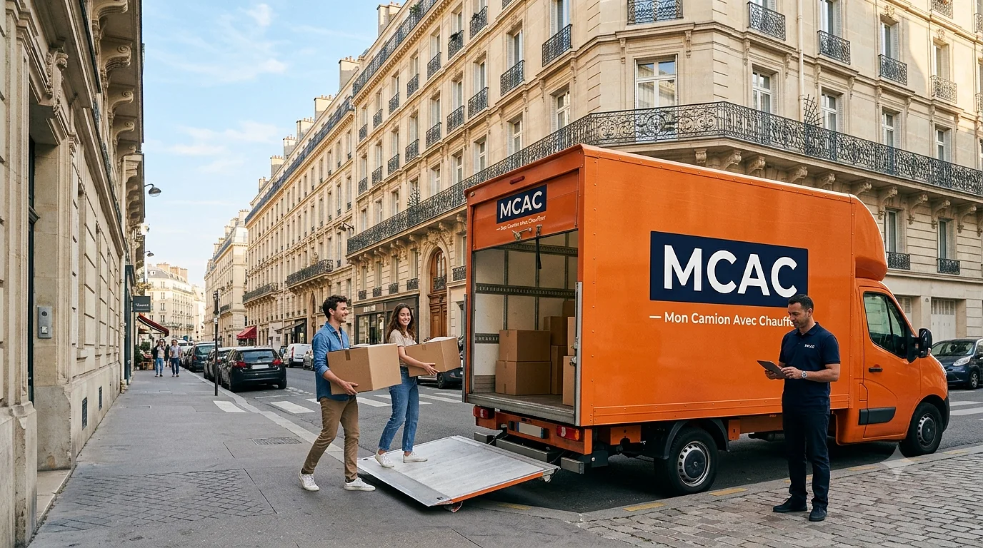 Couple pr&eacute;parant son d&eacute;m&eacute;nagement devant un immeuble parisien, avec le camion orange MCAC